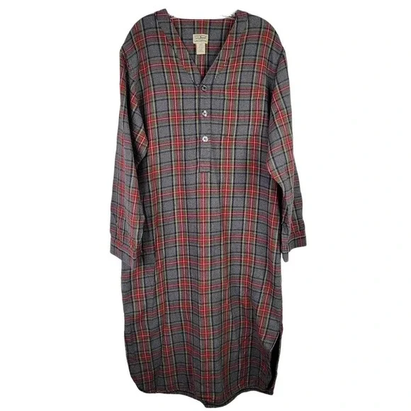 Vintage LL Bean Night Shirt Adult Medium Red Plaid Sleep Gown Flannel Mens PJs - Picture 2 of 10